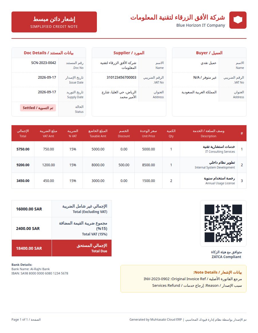 نموذج إشعار دائن مبسط ببيانات تجريبية داخل إدارة قيودك